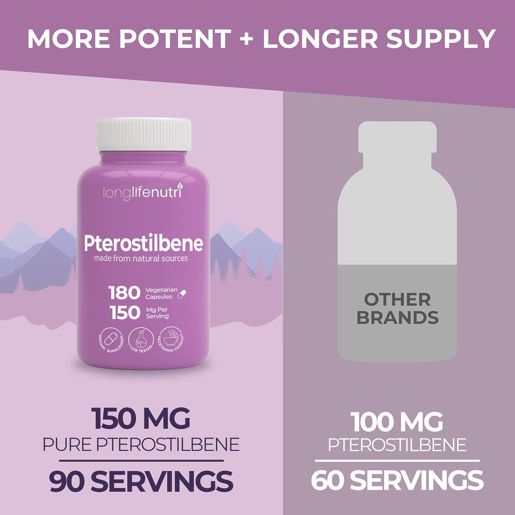 Pterostilbene Supplement 150mg, Elevate Cellular Energy, 180 Vegan Capsules, 3 Month Supply, Pure Organic Pterostilbene Extract, Made in USA, Non GMO, Clean Label, Easy Swallow Antioxidant Support