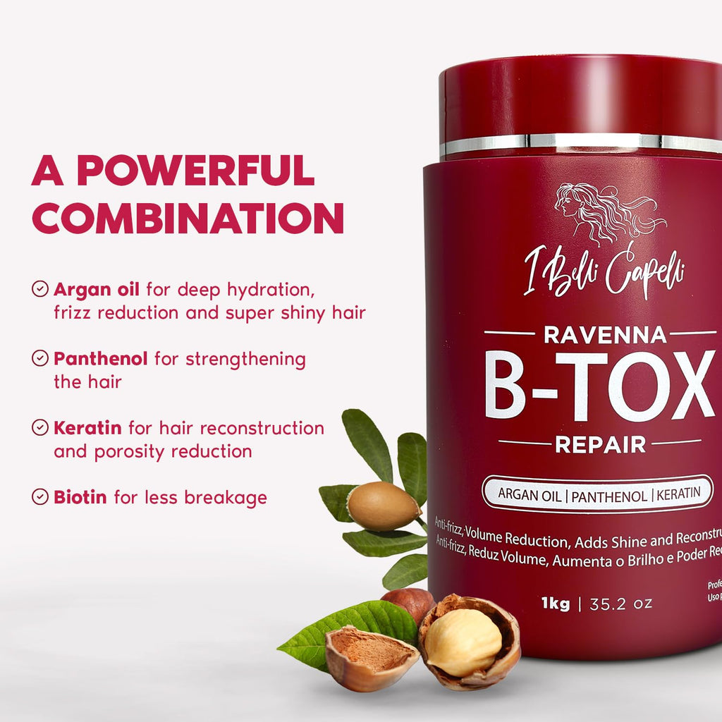 I Belli Capelli Ravenna Hair Treatment Kit- 1kg/35.02 oz B-tox Hair Mask + 300ml/10.1 fl.oz Anti-Residue Shampoo- Repair & Clarifying Shampoo for Longer Effect