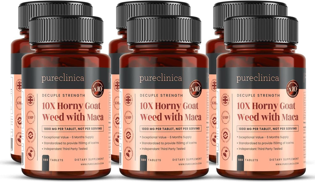 pureclinica 10X Horny Goat Weed Extract (3750mg) Maca Extract (2500mg) x 1080 Tablets (6 Bottles of 180) -10 X More Icariins and Maca