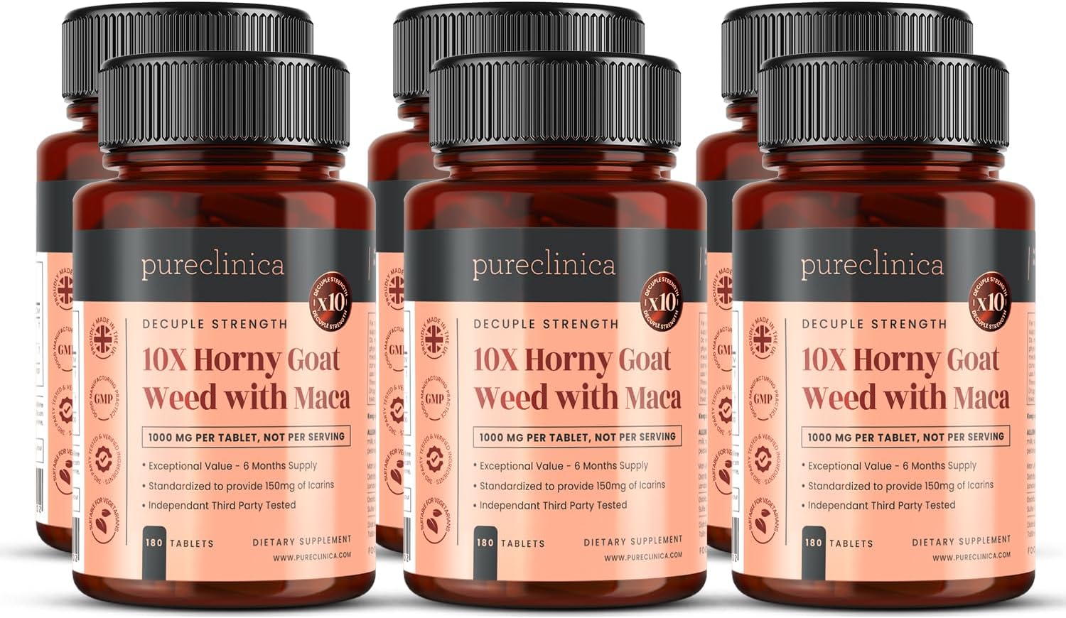 pureclinica 10X Horny Goat Weed Extract (3750mg) Maca Extract (2500mg) x 1080 Tablets (6 Bottles of 180) -10 X More Icariins and Maca