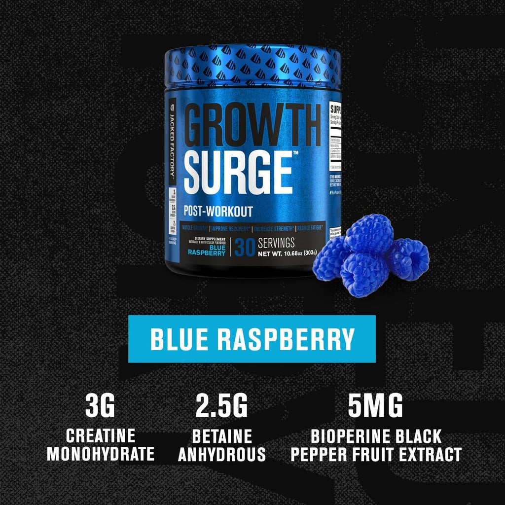 Jacked Factory Growth Surge Creatine Post Workout w/L-Carnitine - Daily Muscle Builder & Recovery Supplement with Creatine Monohydrate, Betaine, L-Carnitine L-Tartrate - 30 Servings, Blue Raspberry