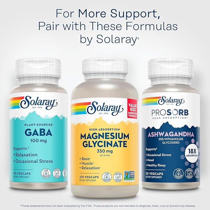 SOLARAY Plant-Sourced GABA 100 mg - Relaxation, Occasional Stress and Mood Support Supplement from Fermented Barley - Vegan, Gluten Free - 60-Day Guarantee - 30 Servings, 30 VegCaps