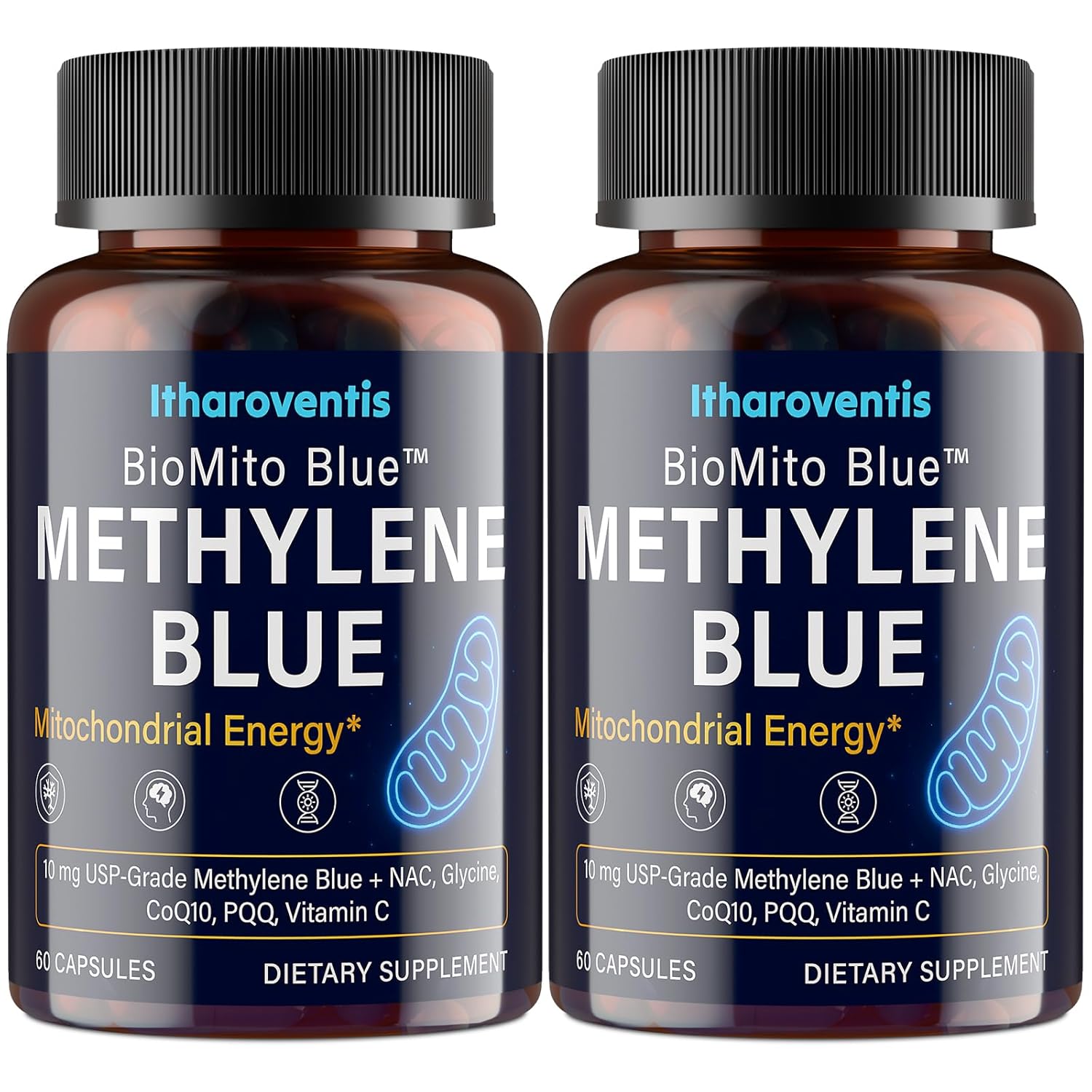 Methylene Blue Pharmaceutical Grade Capsules – USP Grade Brain Supplement with CoQ10, NAC, PQQ, Glycine & Vitamin C for Memory, Focus, Energy & Mitochondrial, No Formaldehyde - 120 Count