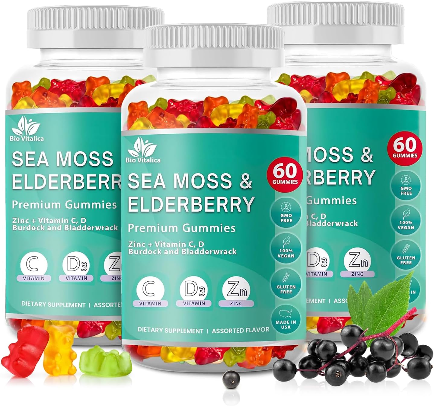 BIO VITALICA Sea Moss Gummies Elderberry BioVitalica - Vitamin C D + Zinc - Irish Seamoss Vegan Gummy with Sea Moss Gel & Powder for Immunity, Detox - for Adults and Kids (3Packs)