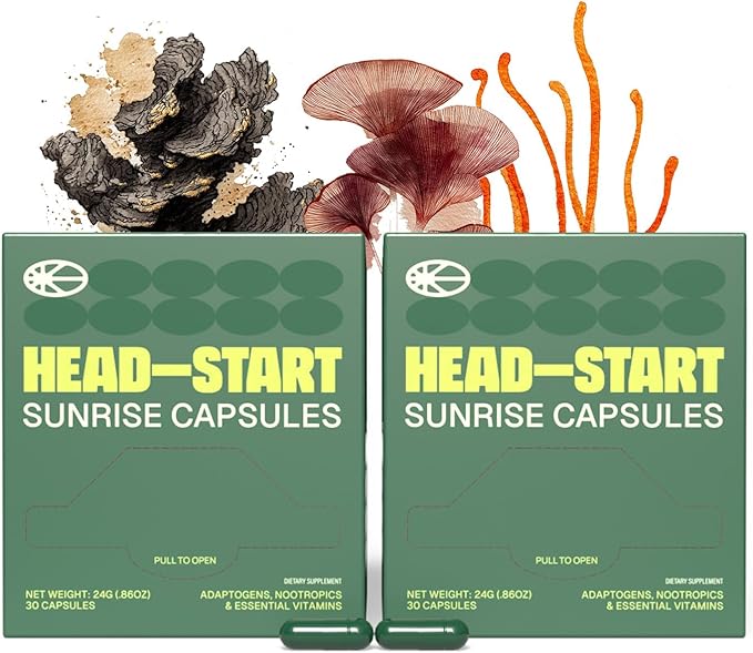 HEAD-START Sunrise Capsules | Adaptogen Nootropic with Fruiting Body Mushrooms, Lion’s Mane & Green Tea Extract | Brain Supplement for Focus, Energy & Cognitive Performance