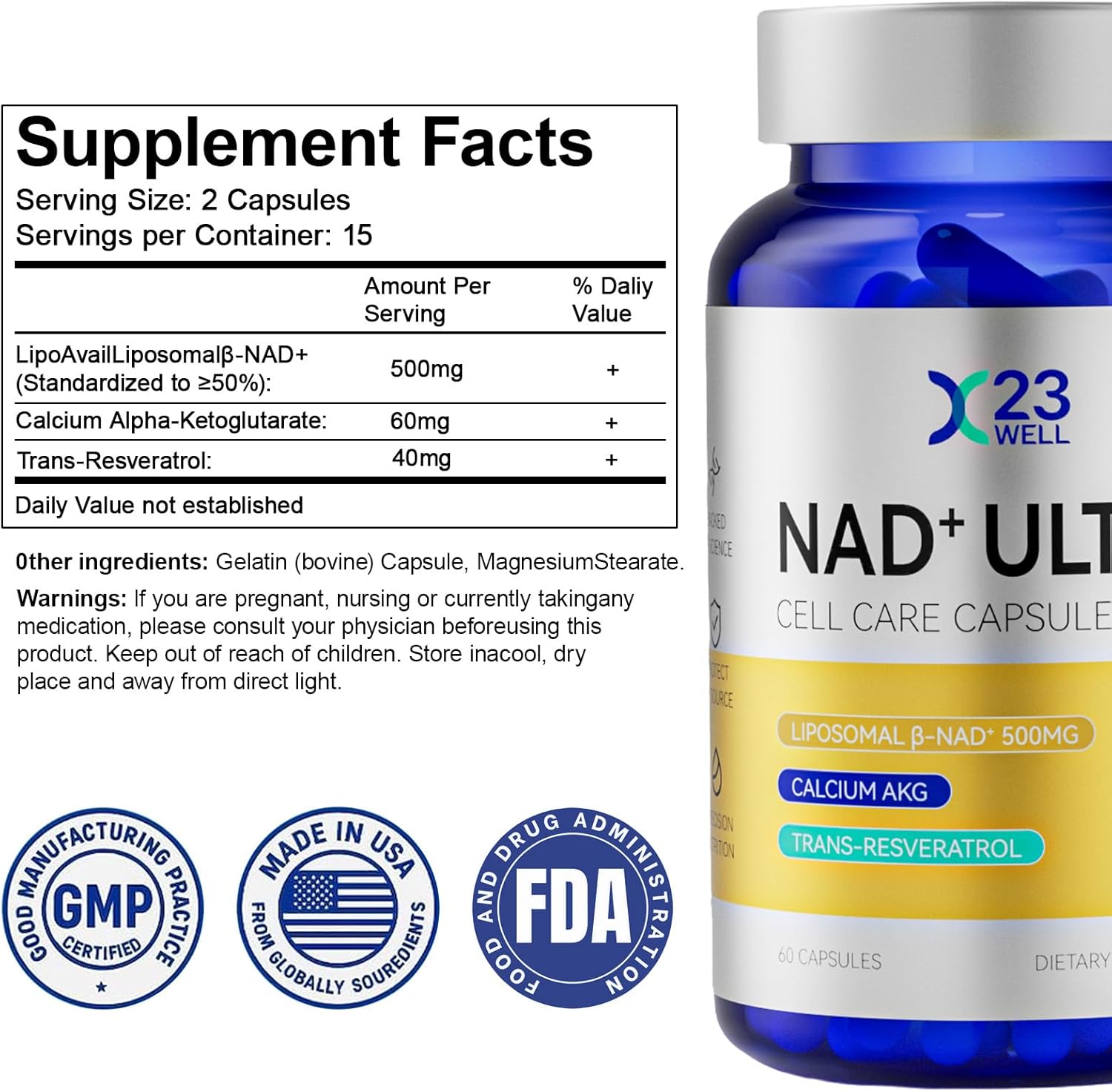 NAD+ Ultra Cell Care Capsules with Liposomal NAD+ Calcium Alpha Ketoglutarate & Trans-resveratrol for Energy Focus Healthy Aging 60 Capsules Supplement