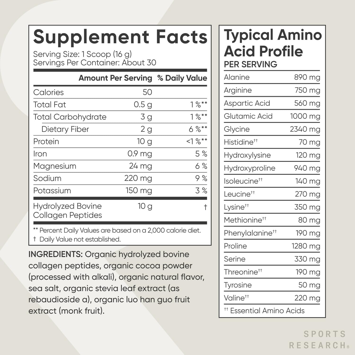 Sports Research Organic Collagen Powder - Hydrolyzed Type I & III Collagen Protein - USDA Organic, Gluten Free, Sustainably Sourced - Dark Chocolate - 30 Servings