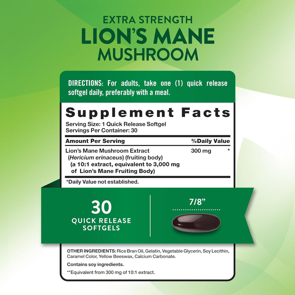 Nature's Truth Lions Mane Extract Softgels | 3,000mg | 30 Count | Extra Strength | Non GMO & Gluten Free Supplement