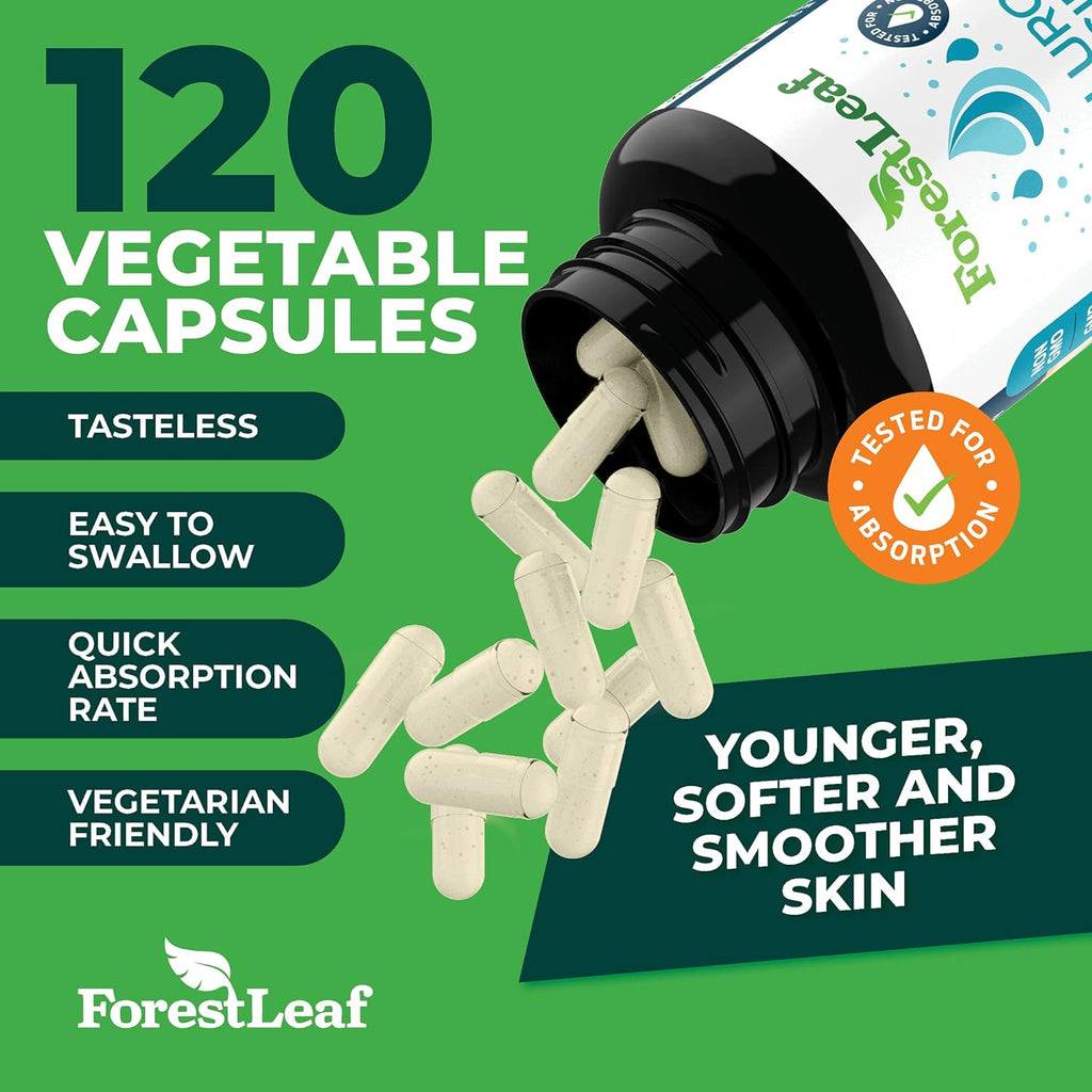 ForestLeaf Hyaluronic Acid Supplements | 100mg High Bioavailable Dietary Hyaluronic Acid Powder Capsules + 50mg VIT C | Supports Skin Hydration, Joint Lubrication, Anti-Aging, Hair & Nails | 120 Caps