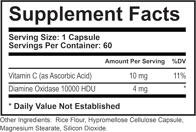 DAO Supplements Histamine Blocker – DAO Enzyme + Diamine Oxidase & Vitamin C for Gut Health & Food Support – 60 Servings - 1 Capsule Before Meals for Histamine Intolerance