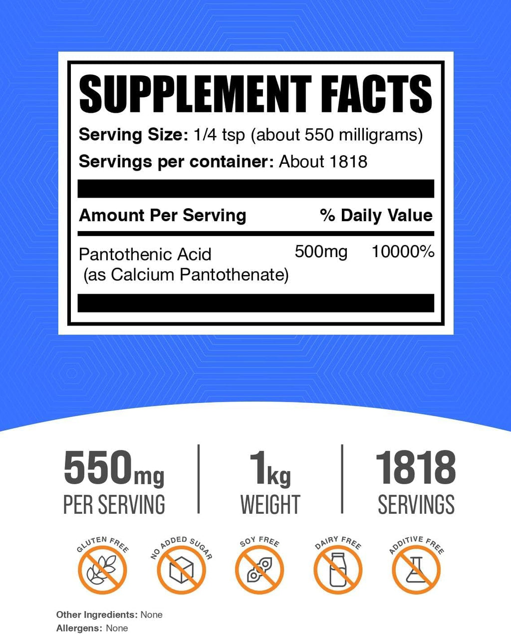 BulkSupplements.com Vitamin B5 Powder - as Calcium Pantothenate, B5 Vitamins - Gluten Free, 500mg of Vitamin B5 Pantothenic Acid per Serving, 1kg (2.2 lbs) (Pack of 1)
