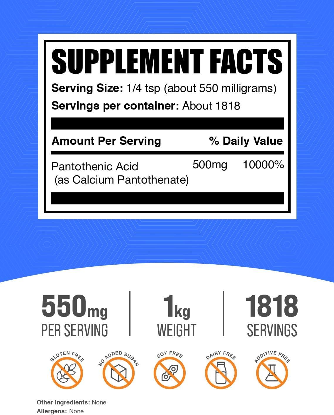 BulkSupplements.com Vitamin B5 Powder - as Calcium Pantothenate, B5 Vitamins - Gluten Free, 500mg of Vitamin B5 Pantothenic Acid per Serving, 1kg (2.2 lbs) (Pack of 1)