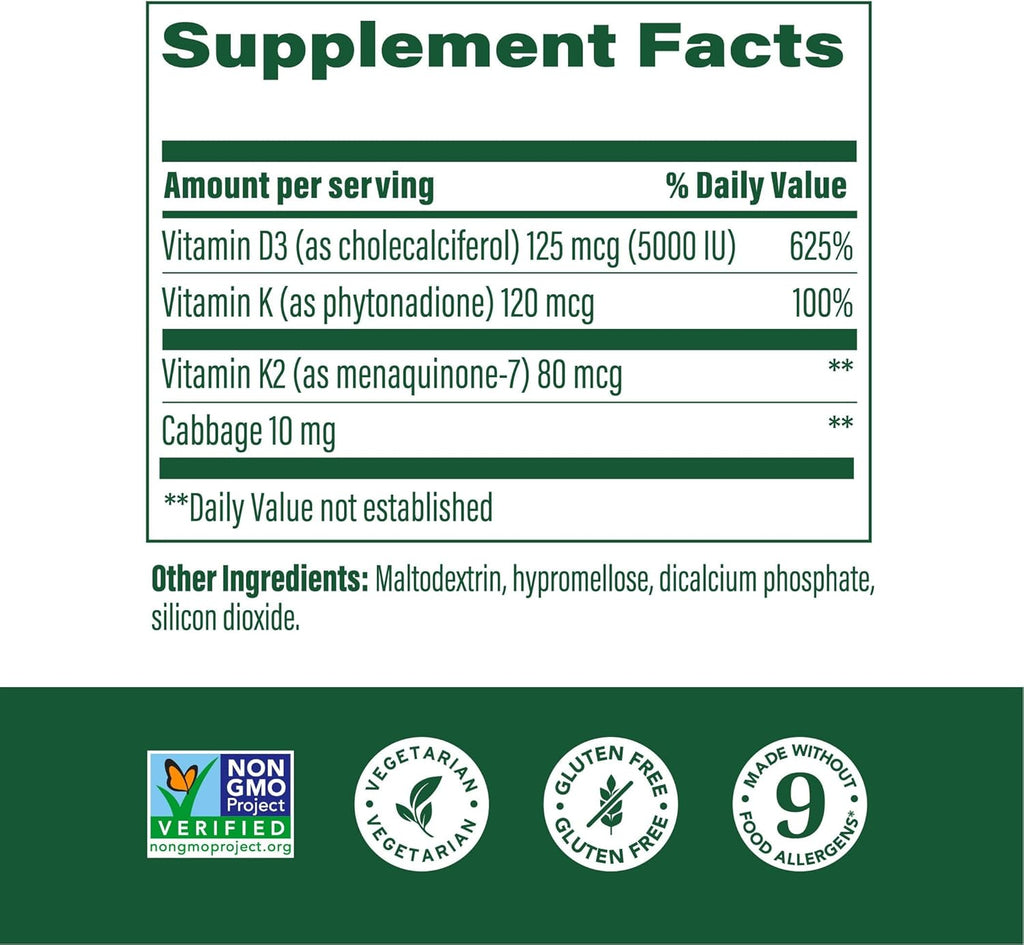 MegaFood Vitamin D3 5000 IU (125 mcg) - Vegetarian Supplements with Vitamin D3 K2 - Supports Bones, Teeth, Muscles & Immune Health - Certified Non-GMO - 120 Mini Capsules, 120 Servings
