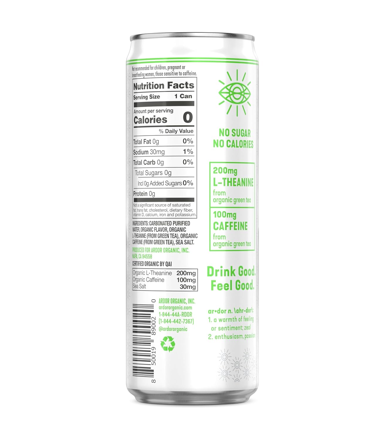 ARDOR Sparkling Water with 100mg Natural Caffeine & 200mg L-Theanine from Organic Green Tea for Smooth Energy & Focus | No Sugar, 0 Calories | Vegan, Gluten-Free | Mexican Lime - 12 Ct