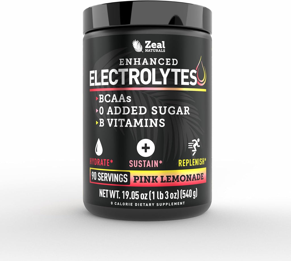 Zeal Electrolyte Powder - 90 Servings | Keto Electrolytes Powder | Zero Sugar, BCAAs, B-Vitamins | Potassium, Zinc, Magnesium | Hydration Powder Recovery Drink | Pink Lemonade