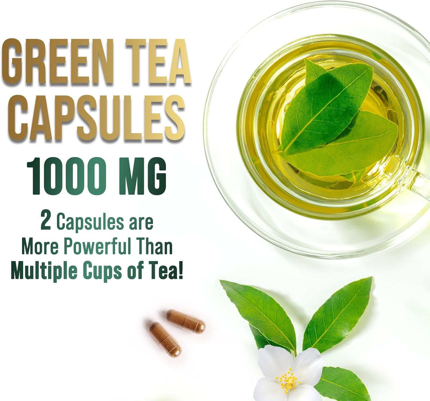Green Tea Extract Capsules 1000mg with 98% Standardized Polyphenols & 45% EGCG for Heart Support with Antioxidants - 3X Absorption Green Tea Pills for Natural Energy, Gentle Caffeine - 60 Capsules