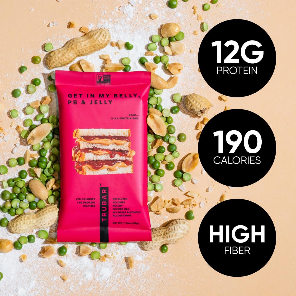 TRUBAR Vegan Protein Bar, Get In My Belly Pb & Jelly, Gluten Free, Plant Based, High Fiber, Dairy Free, Low Fat, Non GMO, No Sugar Alcohols, 12G Lean Protein, 13G Fiber, Healthy Snack Bars, 12 CT