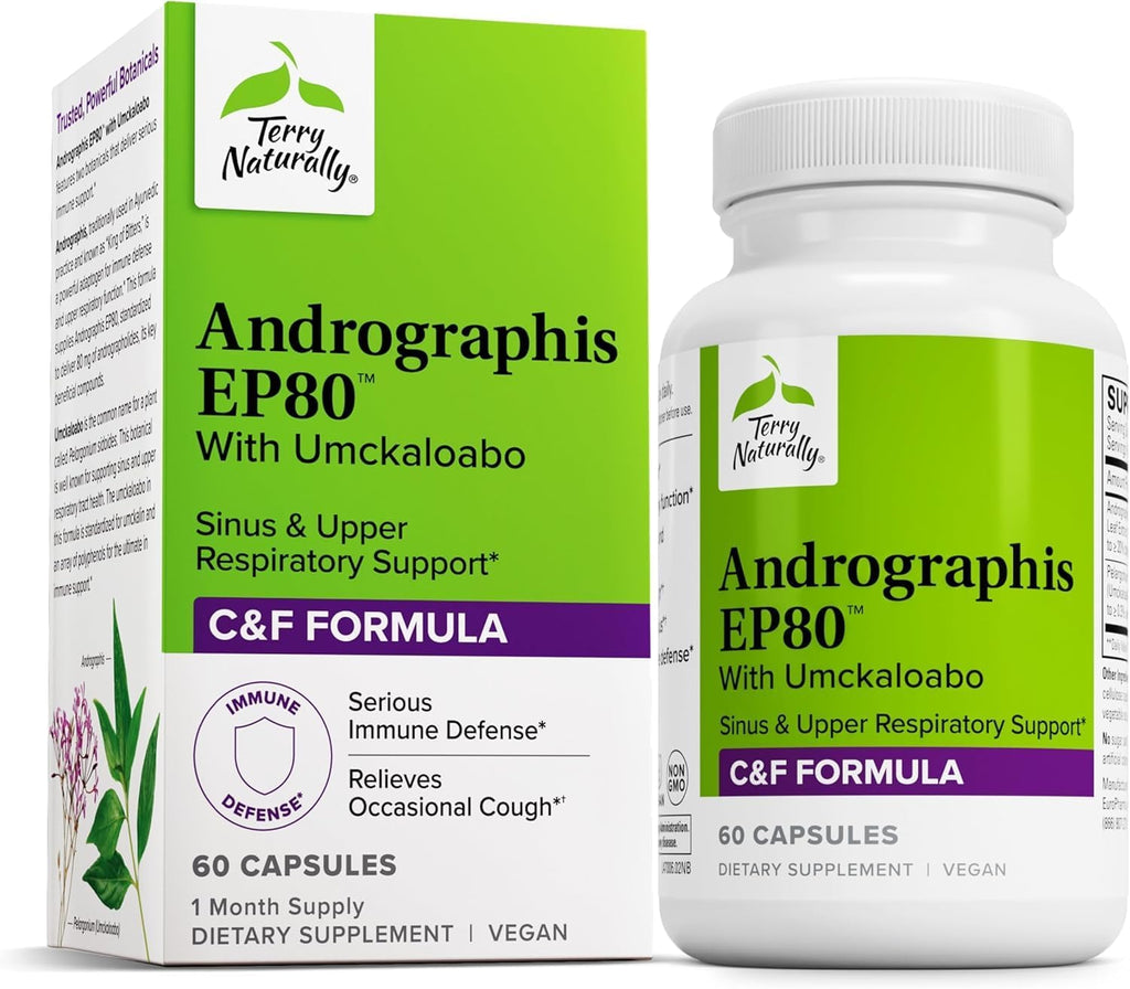 Terry Naturally Andrographis EP80 with Umckaloabo - Sinus Health Support - Supplement to Support Mucus Relief & Respiratory Function - Vegan Capsules to Aid Immune Health - 60 Capsules (60 Servings)