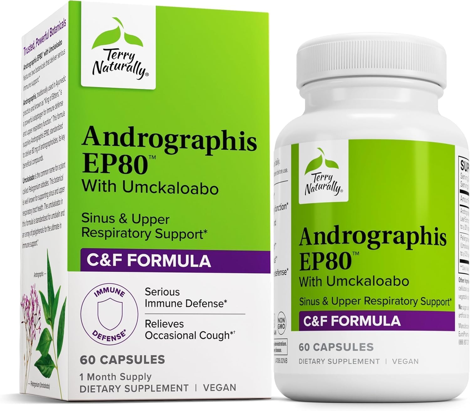 Terry Naturally Andrographis EP80 with Umckaloabo - Sinus Health Support - Supplement to Support Mucus Relief & Respiratory Function - Vegan Capsules to Aid Immune Health - 60 Capsules (60 Servings)