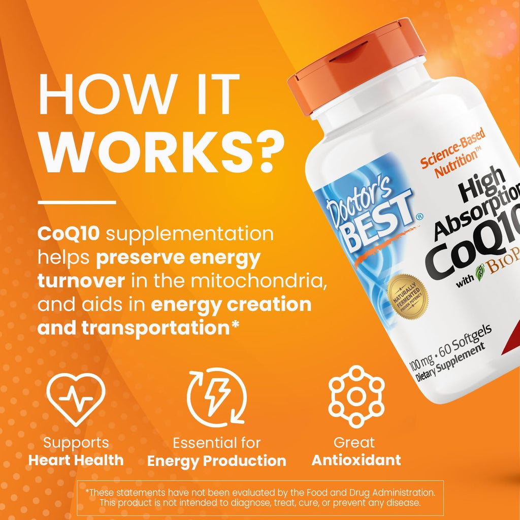 Doctor's Best High Absorption CoQ10 with BioPerine, Gluten Free Naturally Fermented, Heart Health & Energy Production, 100 mg, 60 SoFtgels