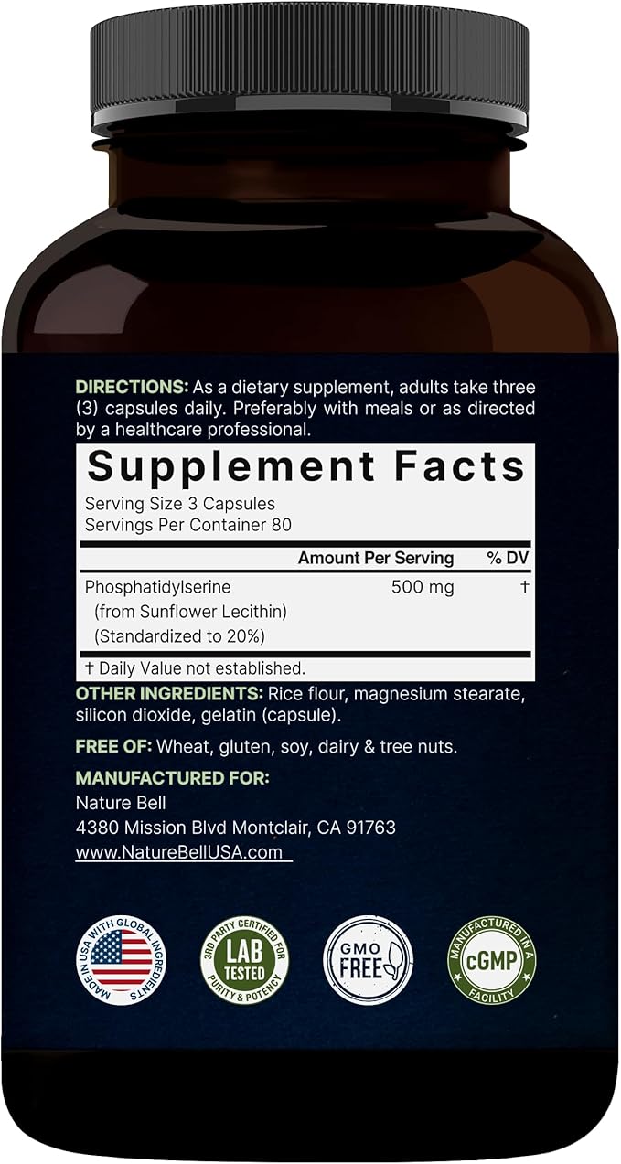 Ultra Strength Phosphatidylserine Supplement 500mg Per Serving, 240 Capsules | Soy Free, Derived from Sunflower Lecithin – Supports Cognitive Health and Brain Function – Non-GMO