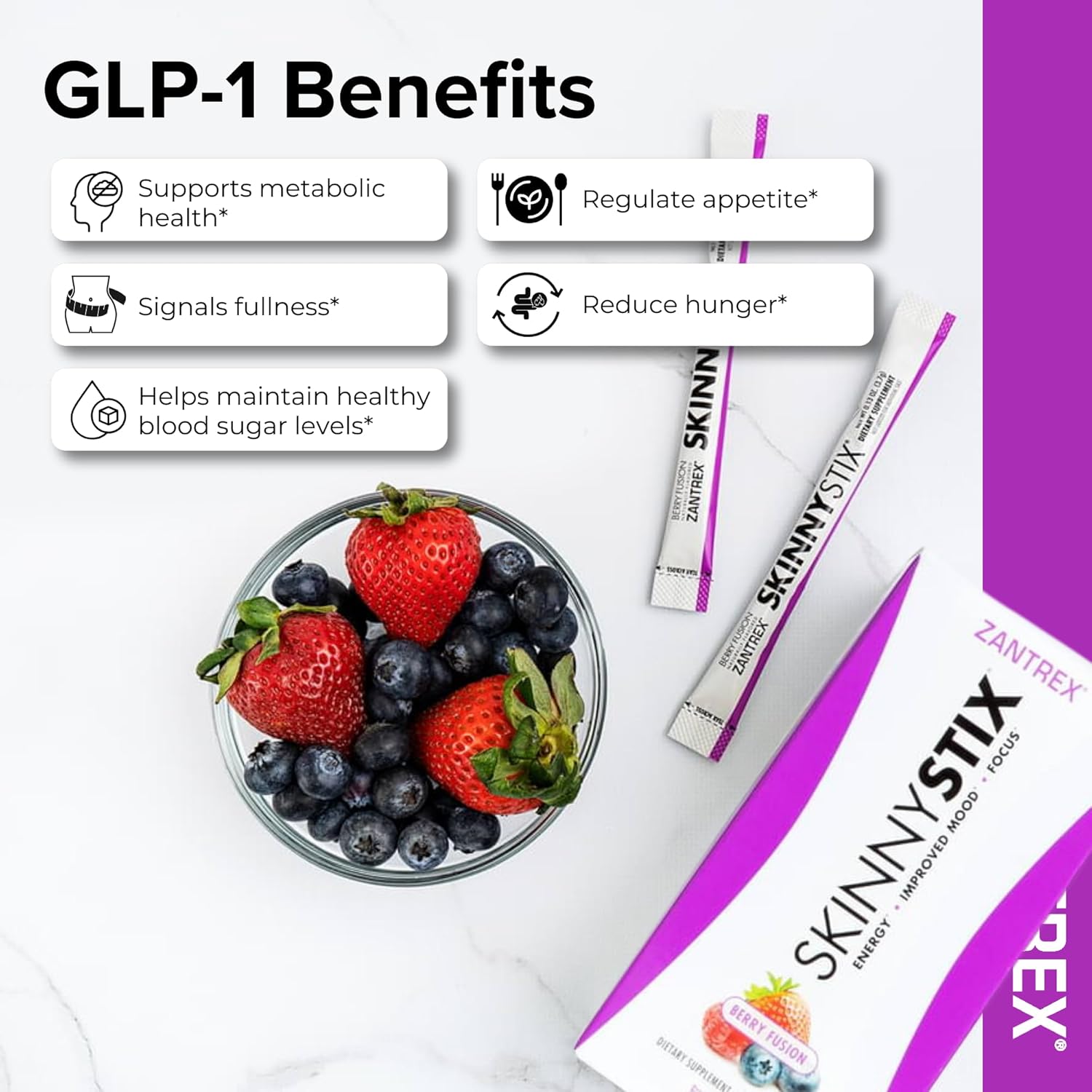 Zantrex SkinnyStix Energy Powder – Lose Weight, GLP-1, Appetite Suppressant, Boost Mood – 10 Calories – Yerba Mate, Coffee Bean – 30 Stix, Berry