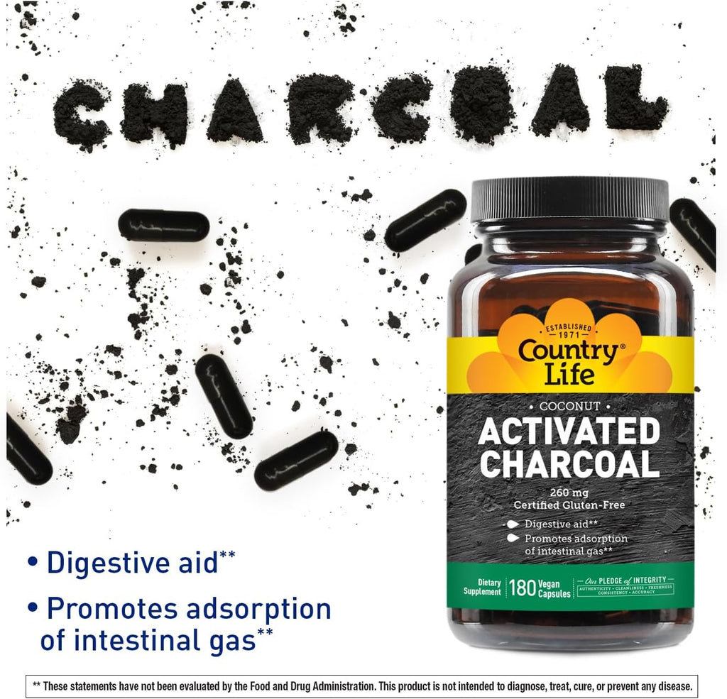 Country Life Activated Organic Coconut Charcoal Capsules, 260mg – Natural Charcoal Supplement for Gas and Bloating Relief, Gluten-Free, 180 Vegan Capsules