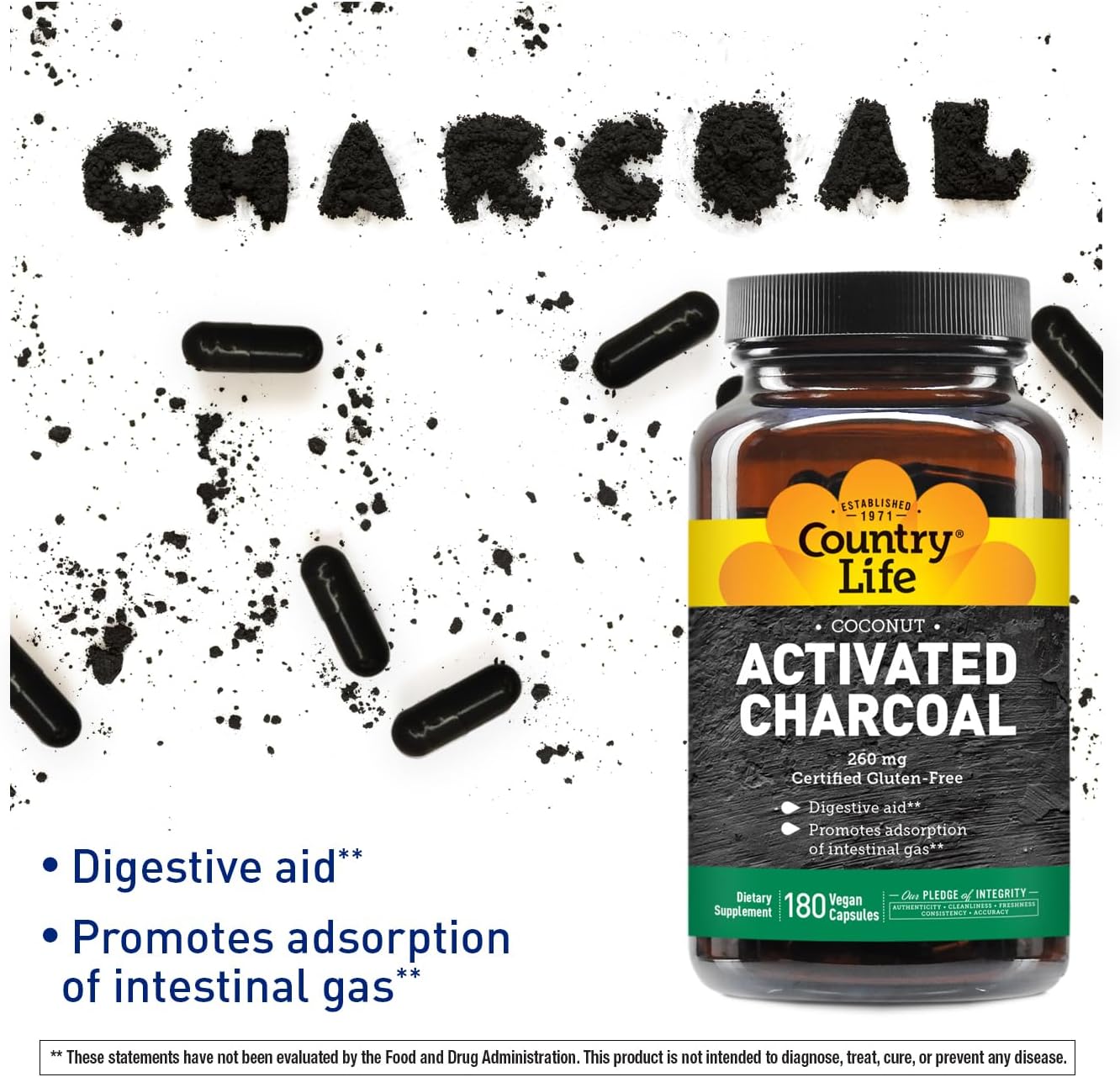 Country Life Activated Organic Coconut Charcoal Capsules, 260mg – Natural Charcoal Supplement for Gas and Bloating Relief, Gluten-Free, 180 Vegan Capsules