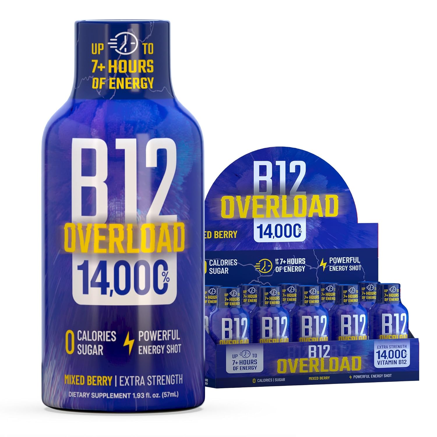 B12 Overload Extra Strength Energy Shot – Mixed Berry – 260mg Caffeine, 14000% B12, Electrolytes – Energy & Vitality Support – Zero Sugar No Calories – Vegan, Kosher, Gluten-Free – 1.93 fl oz, 10-Pack