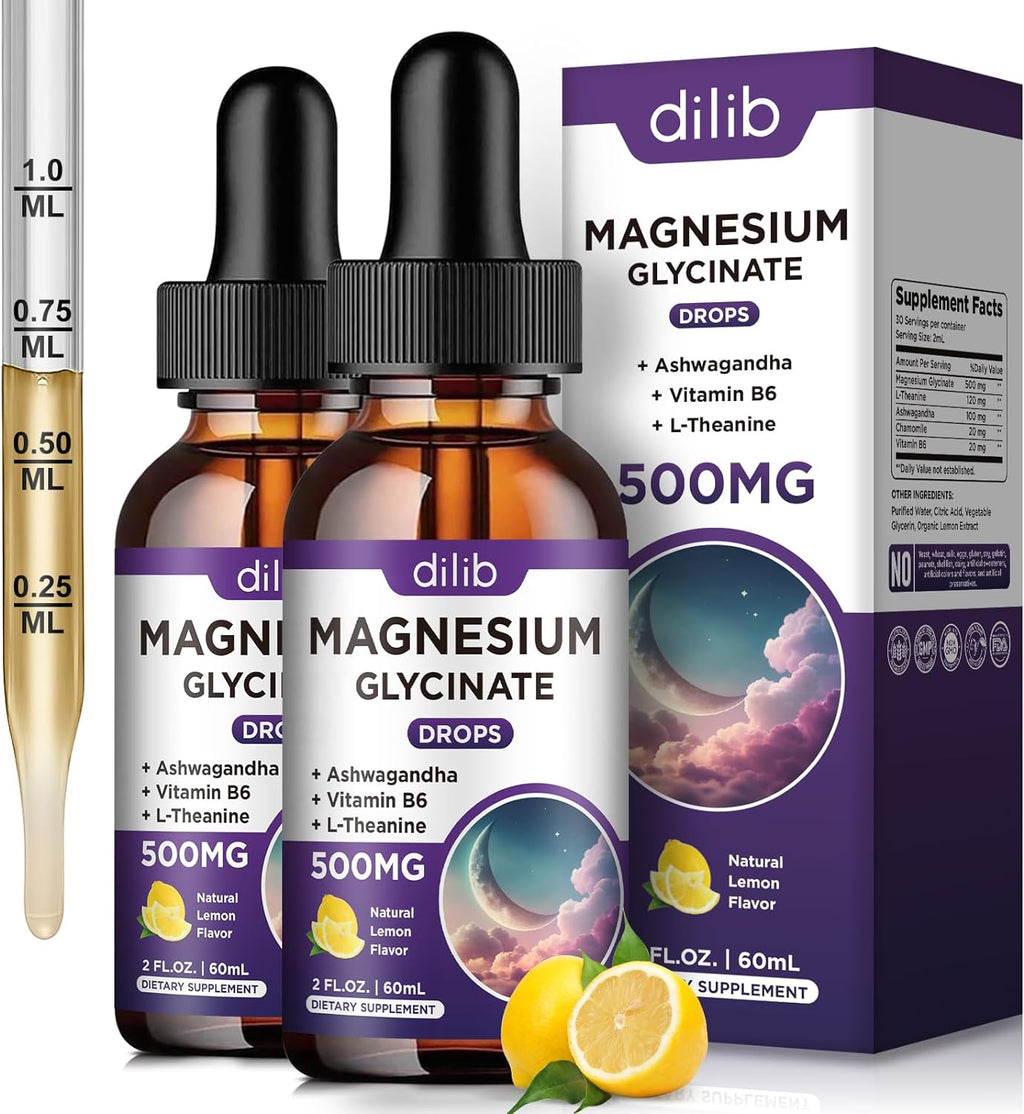 Magnesium Glycinate Supplement, Magnesium Liquid Drops with Magnesium Glycinate 500mg Vitamin B6, Ashwagandha, L - Theanine, Chamomile -Support Stress Relief, Bone, Muscle, Mood Vegan (Pack of 2)
