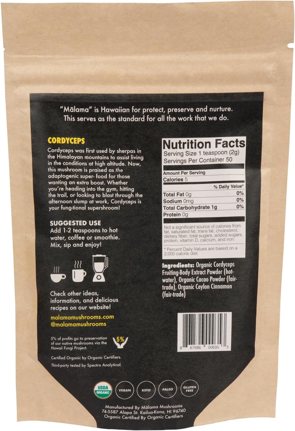 Malama Organic Mushroom Hot Cacao Mix, Cordyceps Mushroom Powder with Fair Trade Cacao, Supports Energy & Immune Health – Vegan Supplement & Superfood, Non GMO, 3.5 oz (50 Servings)