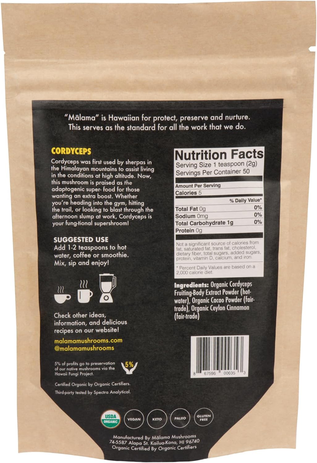 Malama Organic Mushroom Hot Cacao Mix, Cordyceps Mushroom Powder with Fair Trade Cacao, Supports Energy & Immune Health – Vegan Supplement & Superfood, Non GMO, 3.5 oz (50 Servings)