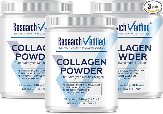 Research Verified® Collagen Powder - Hydrolyzed Marine Collagen Peptides - Unflavored - Skin Hydration and Elasticity, Muscle Recovery, Non GMO - 30 Scoops Per Container - 3 Month Supply
