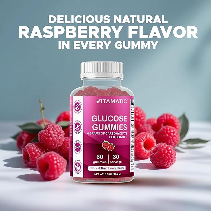 Vitamatic Glucose chewable Gummies - 60 Count - Natural Raspberry Flavor - 4G of Carbohydrate per Serving (3 Bottles)
