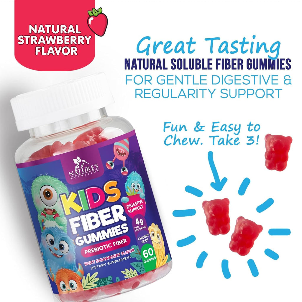 Fiber Gummies for Kids, Daily 4g Gummy Fiber Supplement, Prebiotic Digestive Health Support - Nature's Plant Based Soluble Fiber, Supports Regularity & Digestion for Kids Non-GMO - 60 Gummies