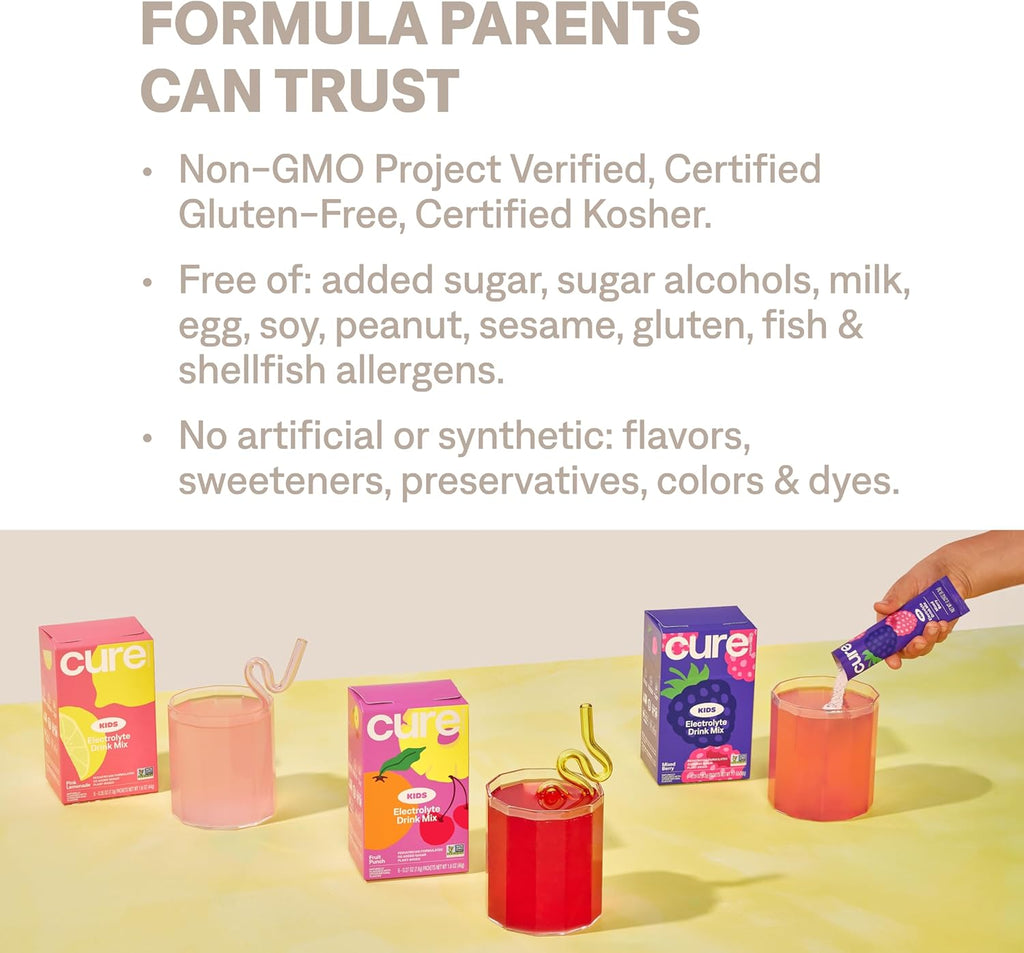 Cure Hydration - Kids Electrolyte Drink Mix | Plant-Based Pediatrician Formulated Rehydration | No Added Sugar, FSA-HSA, Non-GMO, Gluten-Free, No Artificial Flavors | 14 Packets - Fruit Punch