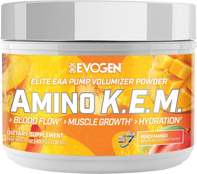Evogen Amino K.E.M. - EAA & BCAA Powder Pump Volumizer | BCAAs Amino Acids Supplement for Blood Flow, Muscle Growth, & Hydration | Peach Mango | 30 Servings