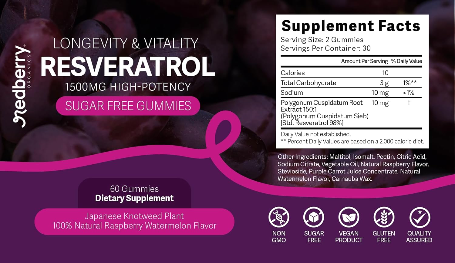 Resveratrol Supplement 1500mg Gummies | 98% Pure Japanese Knotweed | Resveratrol Organic Ingredients, Sugar-Free, Gluten Free | Daily Longevity & Healthy Aging Supplement