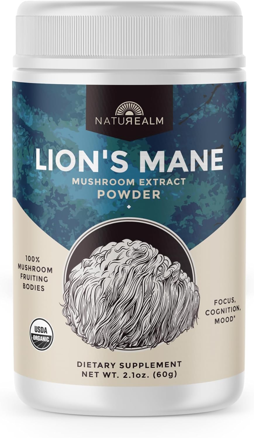 Naturealm Lion's Mane Mushroom Powder - Organic Brain Support for Focus Memory Mental Clarity - Non GMO Cognitive Function - 60 Servings