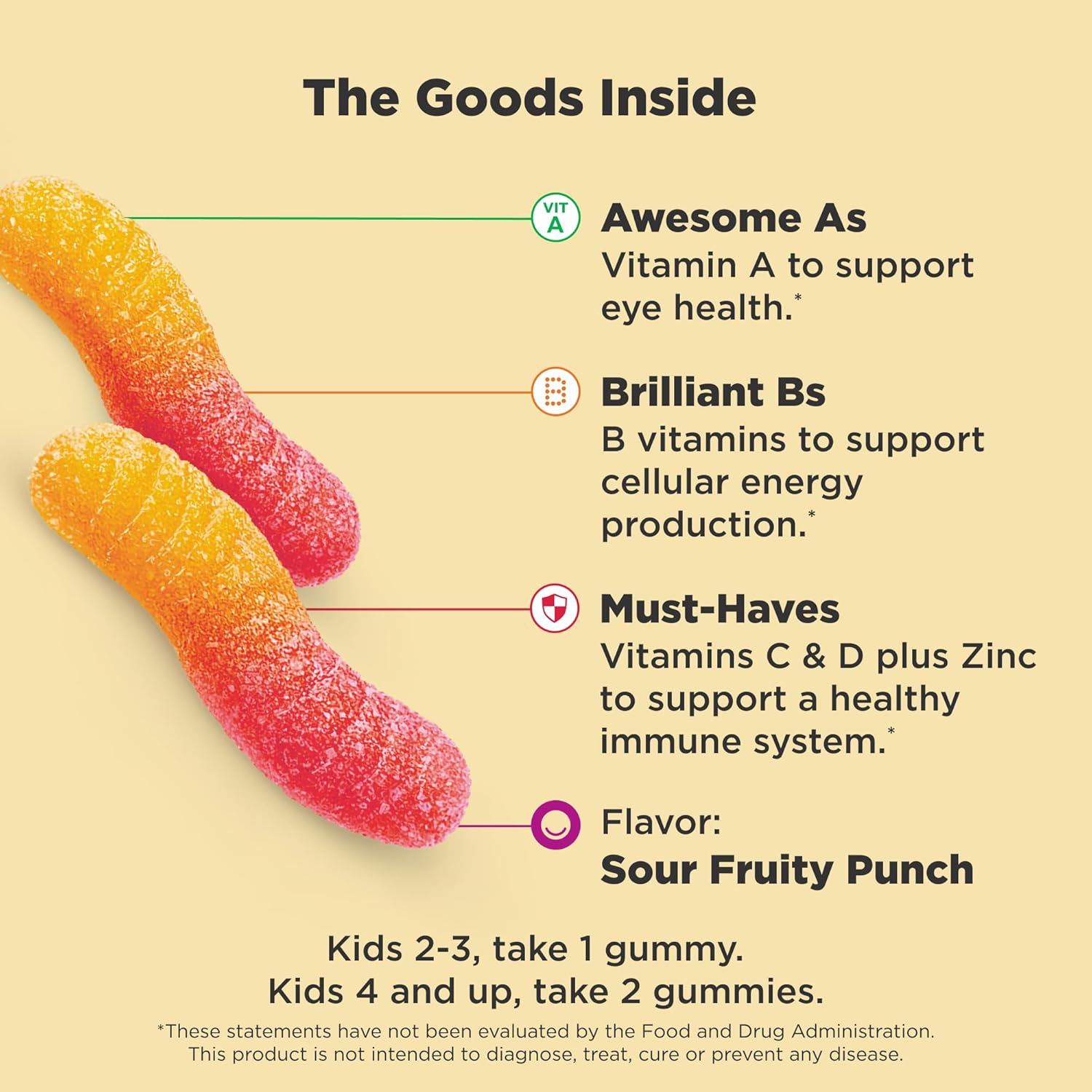 OLLY Kids Multivitamin Gummy Worms, Overall Health and Immune Support, Vitamins and Minerals A, C, D, E, Bs and Zinc, Chewable Supplement, Sour Fruit Punch, 45 Day Supply - 70 Count
