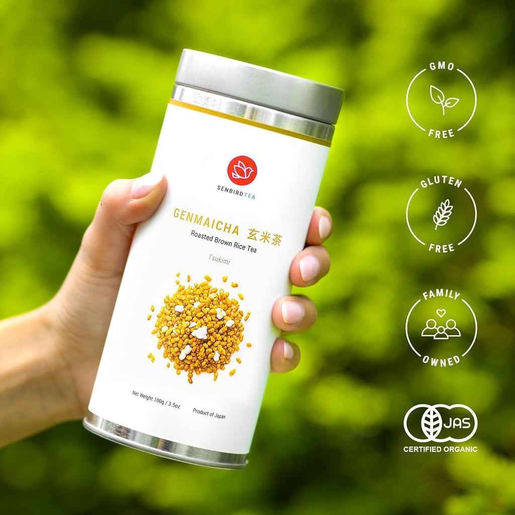 Senbird Premium Genmaicha, Caffeine-Free Japanese Mochi Rice Tea from Hokkaido Japan, Herbal Tea in Airtight Tin, 100g (3.5oz)