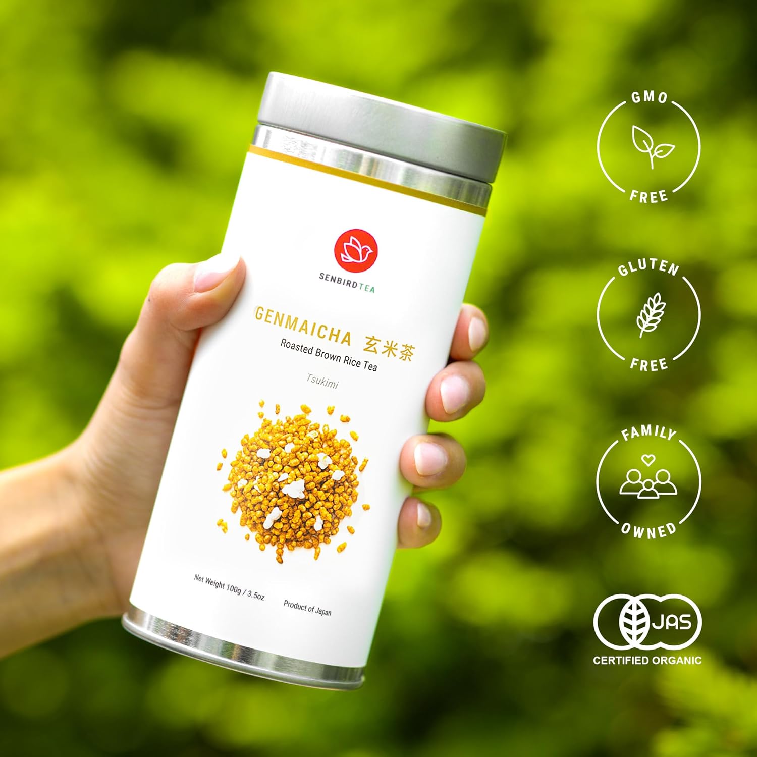 Senbird Premium Genmaicha, Caffeine-Free Japanese Mochi Rice Tea from Hokkaido Japan, Herbal Tea in Airtight Tin, 100g (3.5oz)