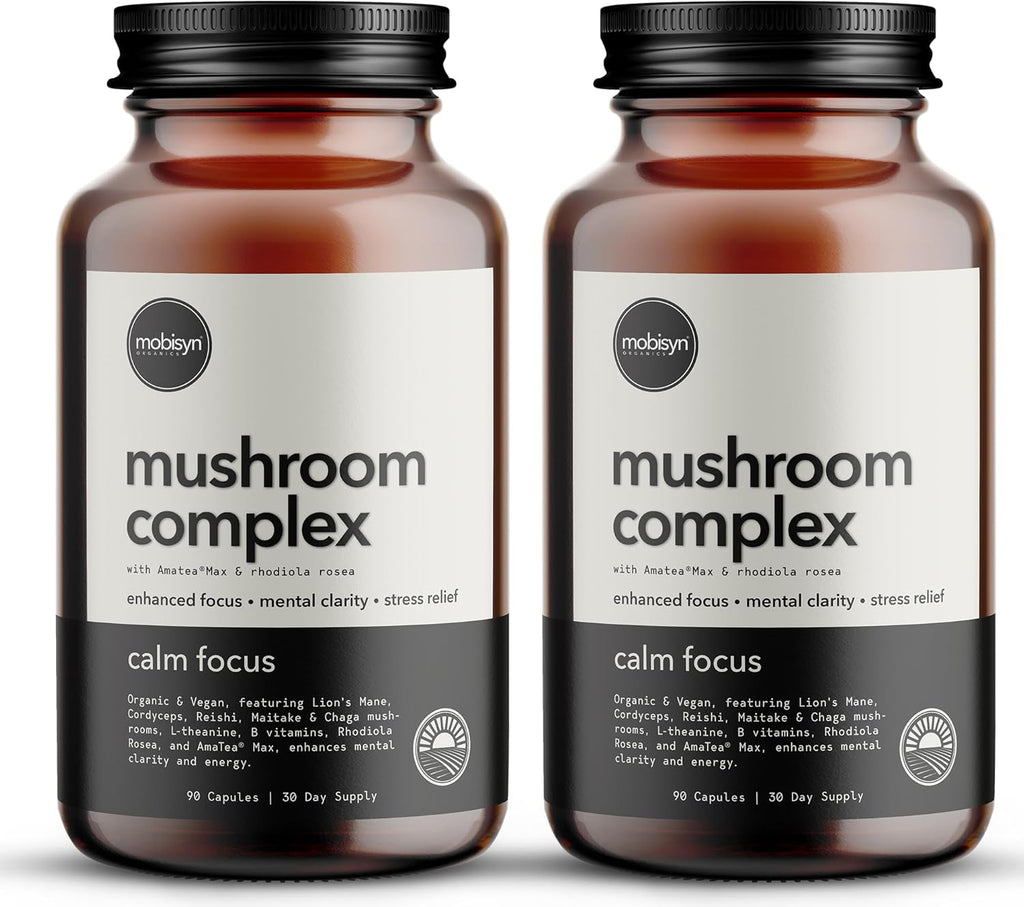 Organic Mushroom Supplement with Cognitive Nootropic Mushroom Blend - Lion’s Mane, Cordyceps, Reishi, Chaga, Maitake + Amatea Max, Rhodiolife Rhodiola Rosea, L-Theanine + B-Vitamins, 60-Day Supply
