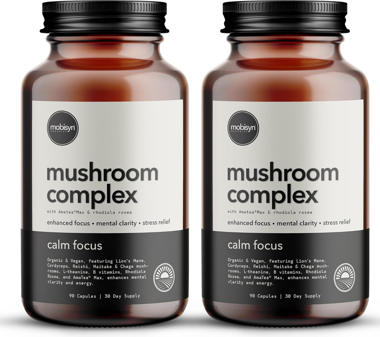 Organic Mushroom Supplement with Cognitive Nootropic Mushroom Blend - Lion’s Mane, Cordyceps, Reishi, Chaga, Maitake + Amatea Max, Rhodiolife Rhodiola Rosea, L-Theanine + B-Vitamins, 60-Day Supply