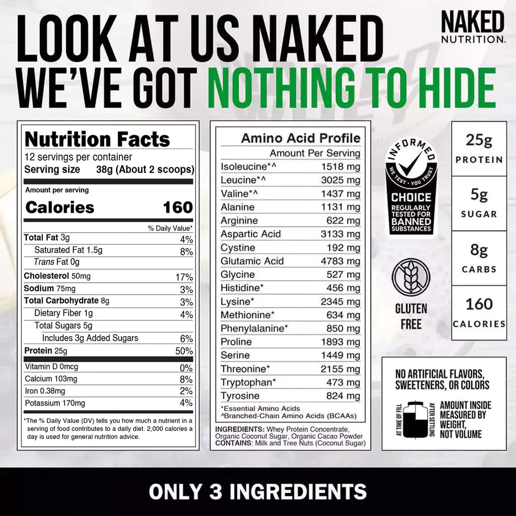 NAKED Chocolate Whey 1LB - All Natural Grass Fed Whey Protein Powder, Organic Cacao, and Coconut Sugar - No GMO, No Soy, and Gluten Free, Aid Growth and Recovery - 12 Servings