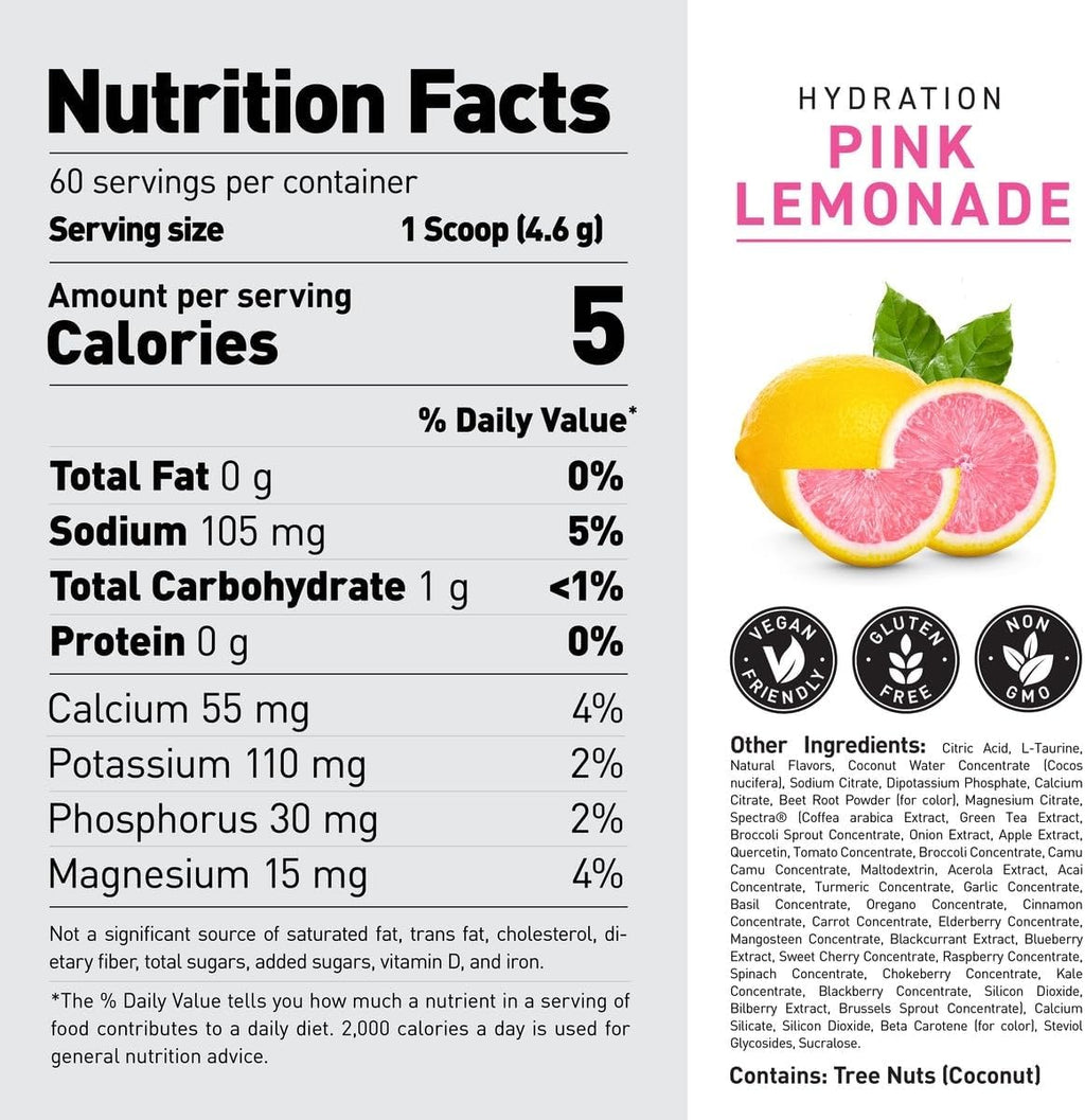 Kaged Electrolyte Hydration Powder Hydracharge Pink Lemonade Sports Drink for Men and Women Pre, Post, Intra Workout Supplement 60 Servings