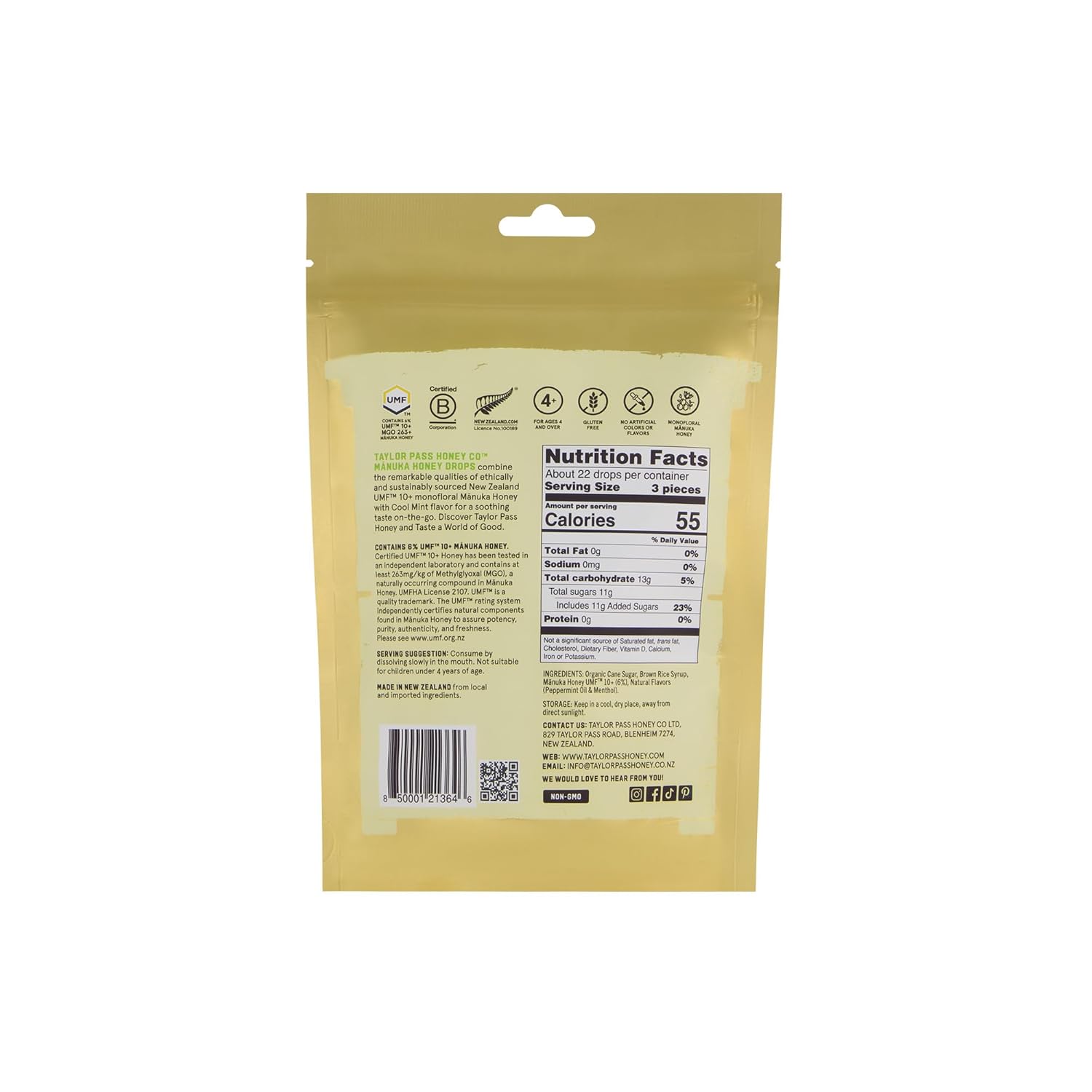 Taylor Pass Honey Co Mānuka Honey Drops UMF™ 10+ | Cool Mint | Mānuka Honey Lozenges | Soothing Natural Manuka On-the-Go | 22 Individually Wrapped Drops | Made in New Zealand
