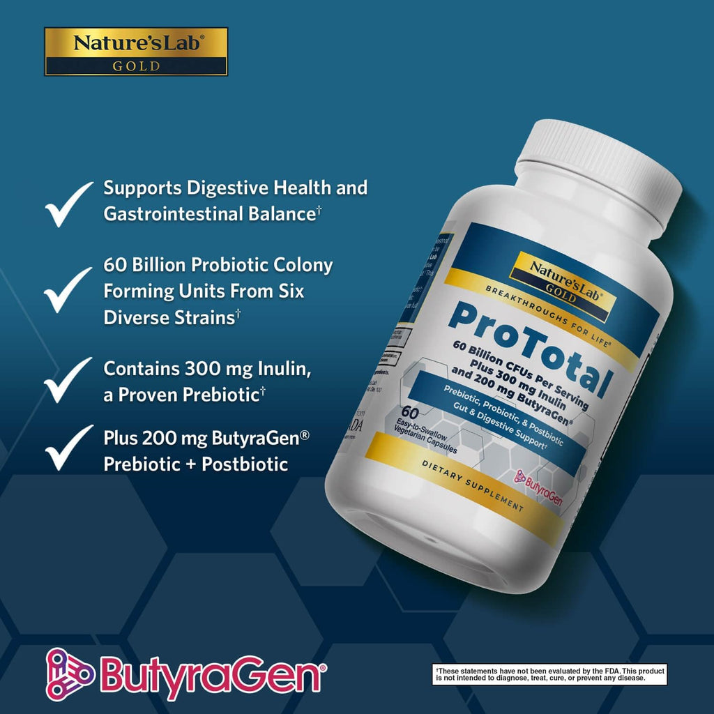 Nature's Lab Gold ProTotal - 60 Billion CFU Probiotic, Prebiotic, Postbiotic, Synbiotic - with Butyragen (Direct Butyrate Generator) 60 Ct