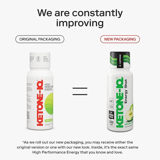 Ketone-IQ Ketone Energy Shots - 100mg Green Tea Caffeine, 5g Exogenous Ketones, and B Vitamins - 24 On The Go Caffeine Shots - Fast Acting Energy Drink (Green Apple)
