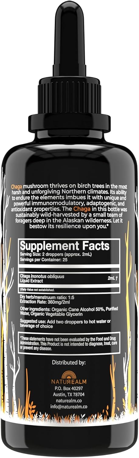 Naturealm Chaga Mushroom Liquid Tincture Supplement – Immune Support, Antioxidant Boost & Hair, Skin, Nail Health, Vegan, Non-GMO – Wild-Harvested Fruiting Bodies, 1 Month Supply